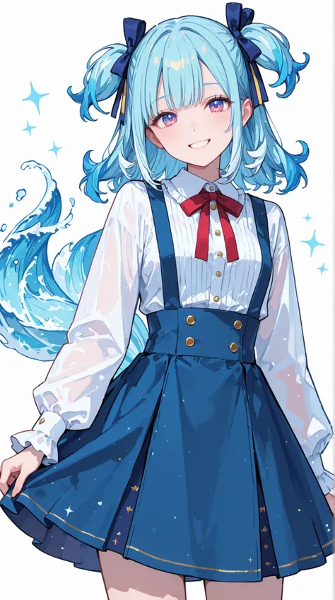 womanhood, Smiling, wave short twin tail hair, ribbon, suspender skirt,