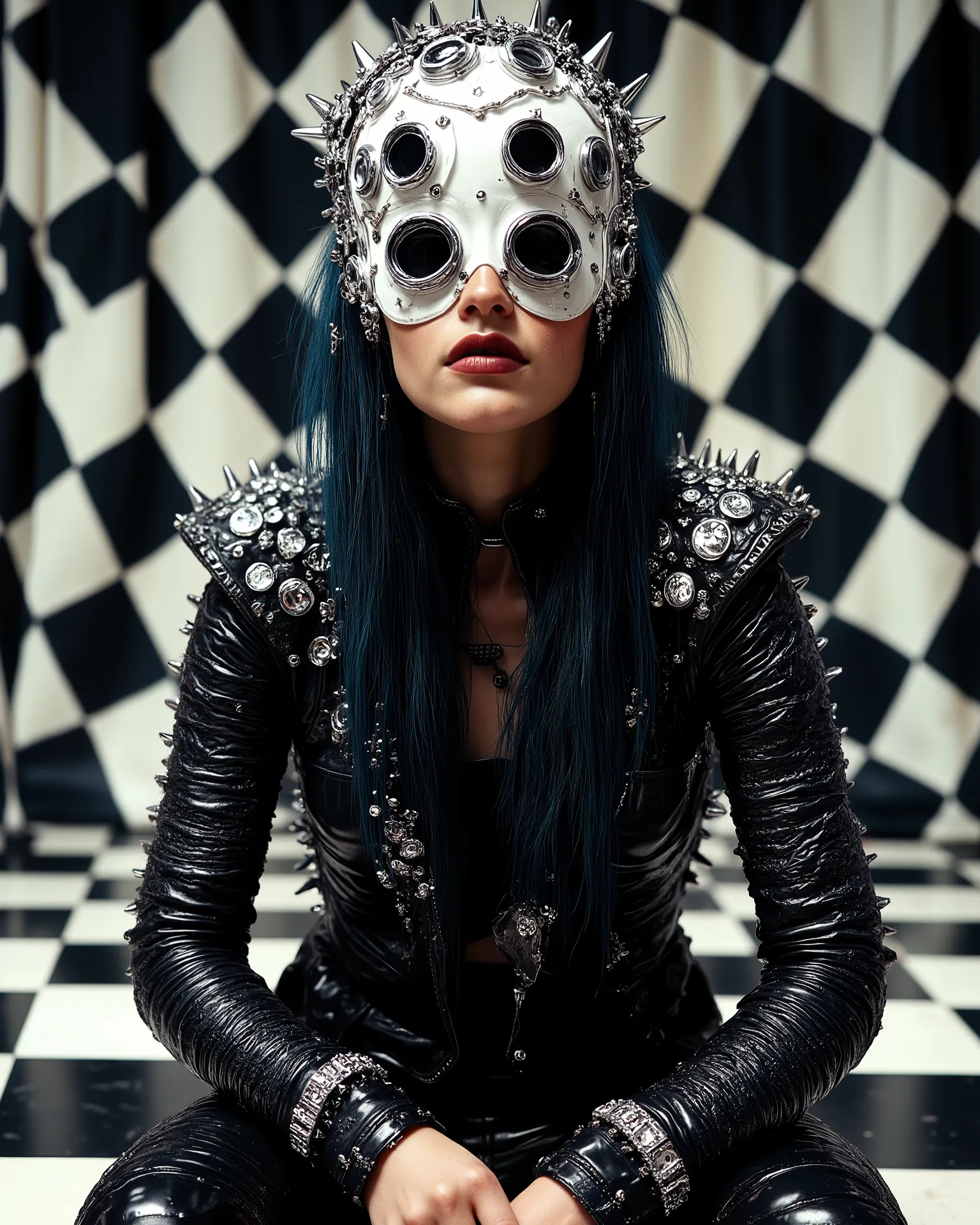 In an environment such as a checkerboard A surreal work that represents a Nordic woman fashion model. The beautiful punk metal woman wears black leather clothing and spikes with huge platform boots that combine intricate details with abstract and geometri...