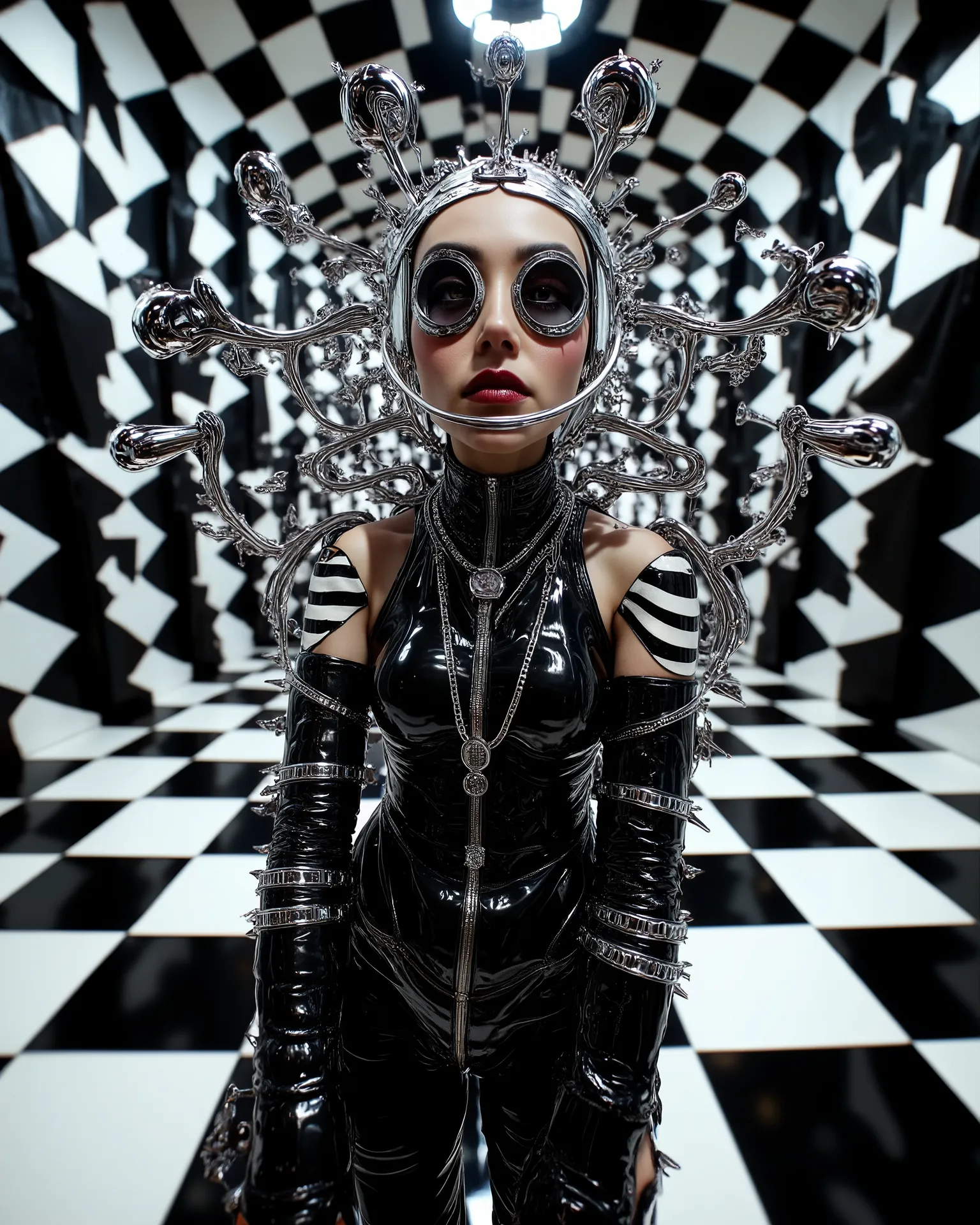 In an environment such as a checkerboard A surreal work that represents a Nordic woman fashion model. The beautiful punk metal woman wears black leather clothing and spikes with huge platform boots that combine intricate details with abstract and geometri...