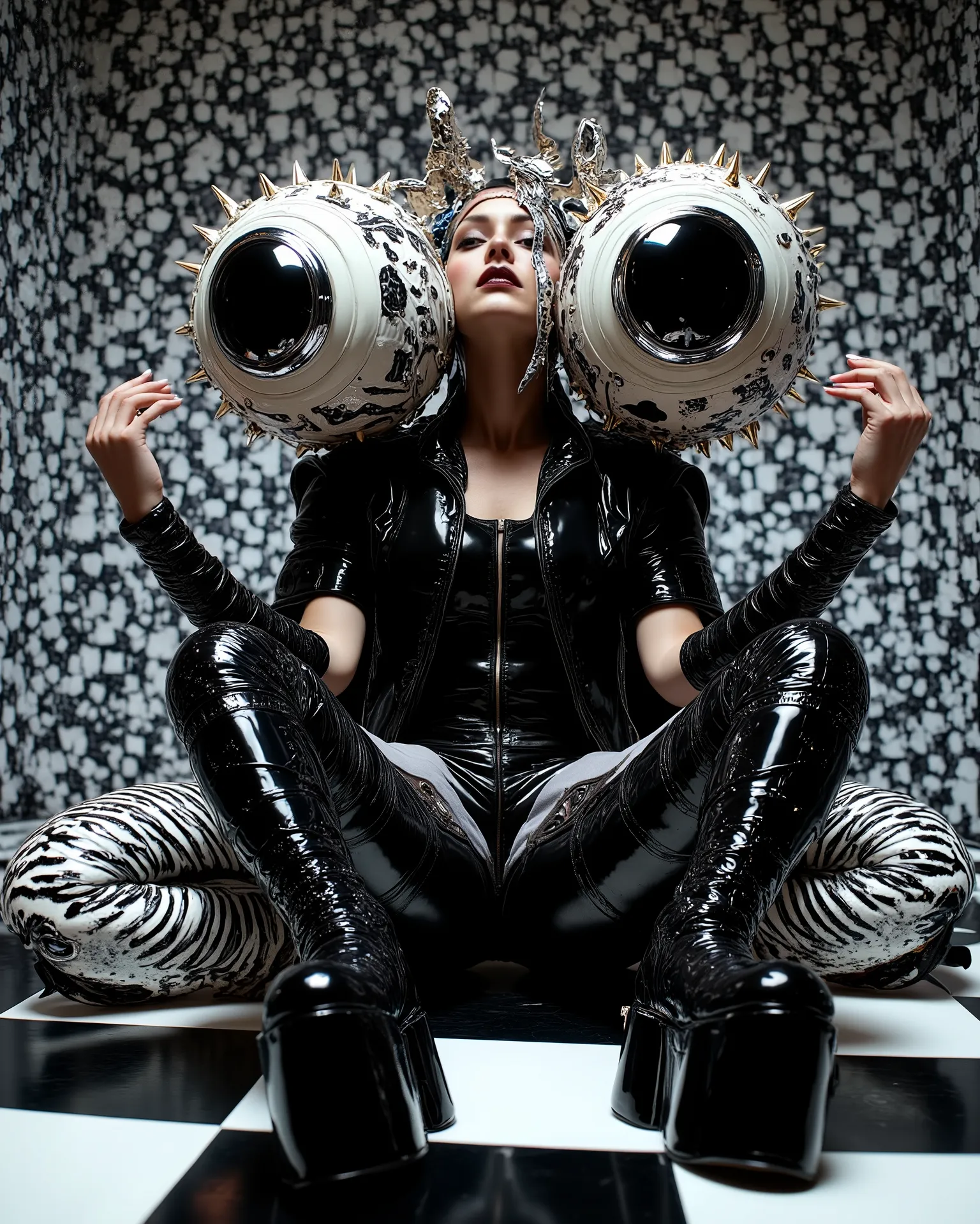 In an environment such as a checkerboard A surreal work that represents a Nordic woman fashion model. The beautiful punk metal woman wears black leather clothing and spikes with huge platform boots that combine intricate details with abstract and geometri...