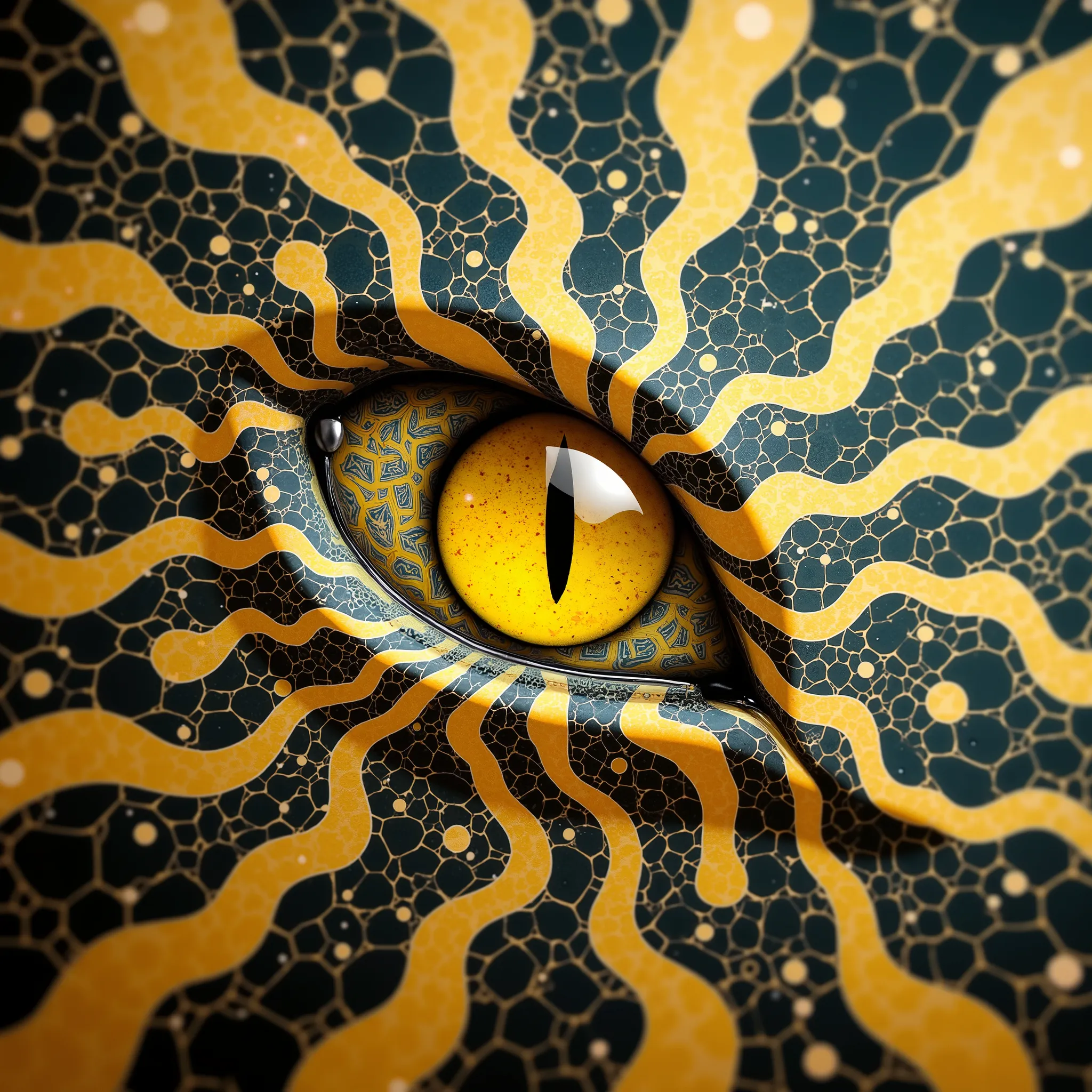 A small single yellow snake eye on an abstract background, the snake scales around the eyes taper out into an intricate abstract pattern of flowing lines