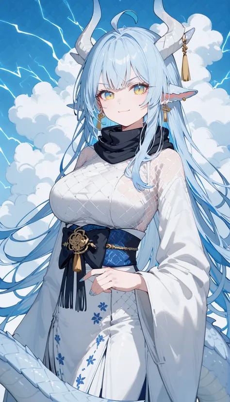 Dragon Girl,white hair,Light Blue Hair,Two tone hair,long hair,With Dragon Horns,slim,Big Breasts,open shoulder,long fabric white kimono,Blue patterned kimono,light blue background,,Long ears ,Dragon tail,yellow eyes and blue eyes,White Mesh Coat,Long Tass...