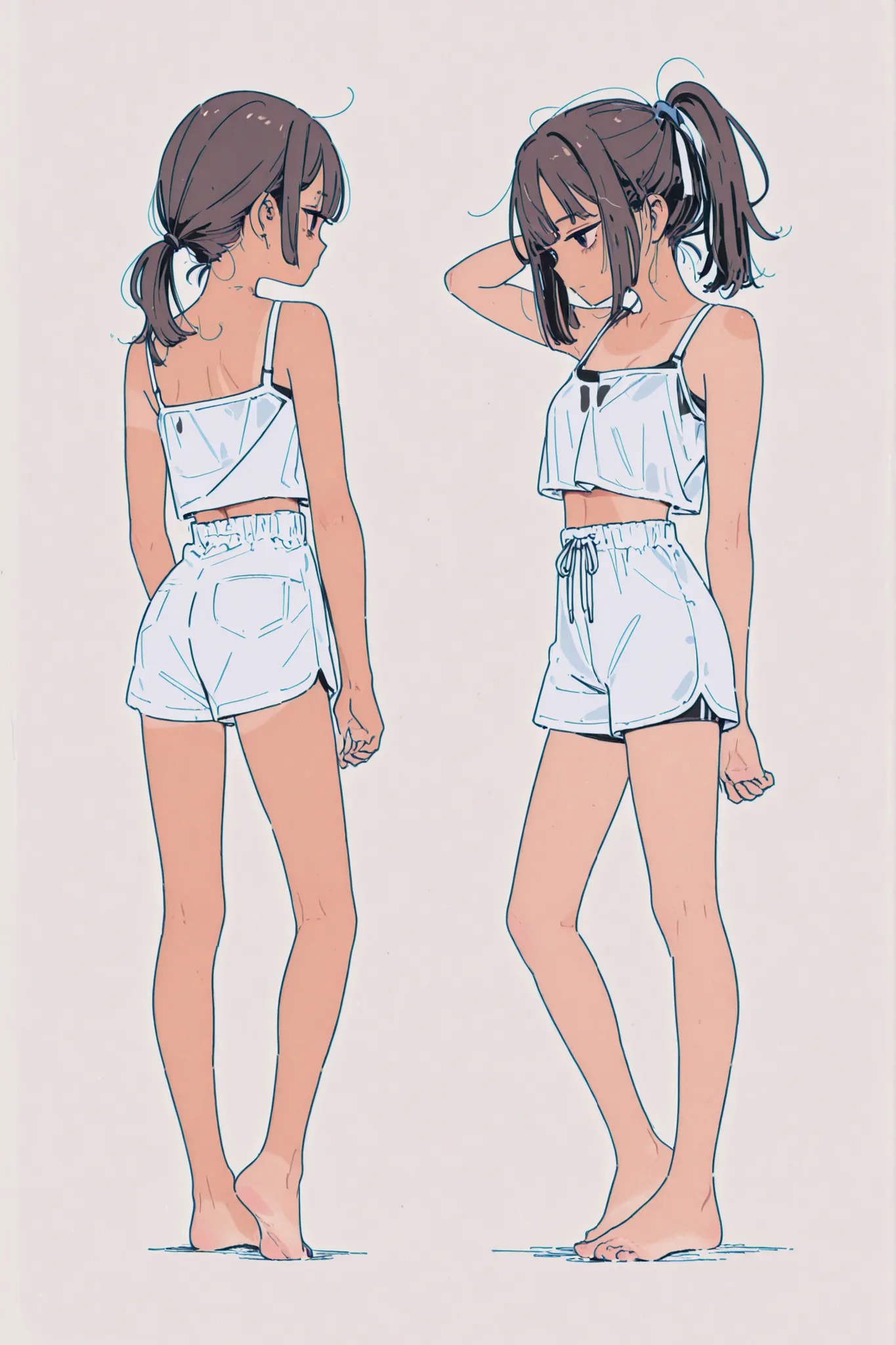 Anime-style character of a  with a confident but flat expression (emotionless, not sleepy), standing in a casual relaxed pose. She has a short bob haircut, dark brown, slightly messy with uneven bangs. Her eyes are sharp and slightly narrow, giving a cool,...
