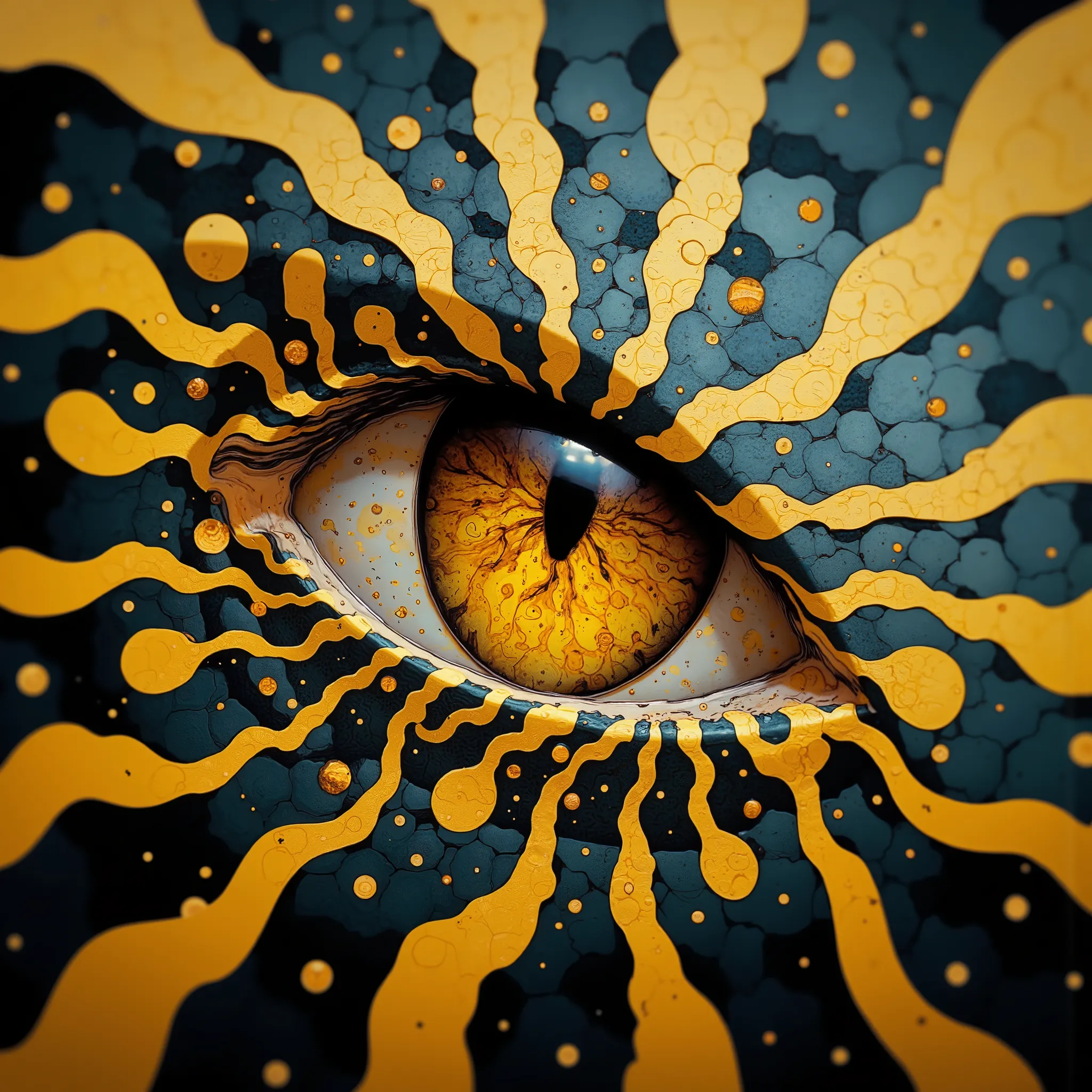 A small single yellow snake eye on an abstract background, the snake scales around the eyes taper out into an intricate abstract pattern of flowing lines