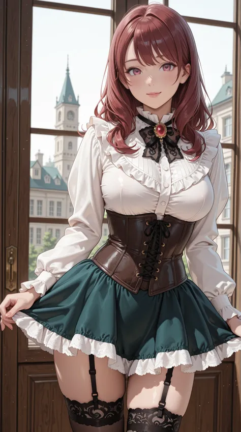 womanhood, Frill Blouse, lace tie with brooch, tight miniskirt, corset, garter stockings, 