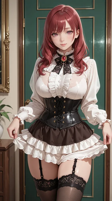 womanhood, Frill Blouse, lace tie with brooch, tight miniskirt, corset, garter stockings, 