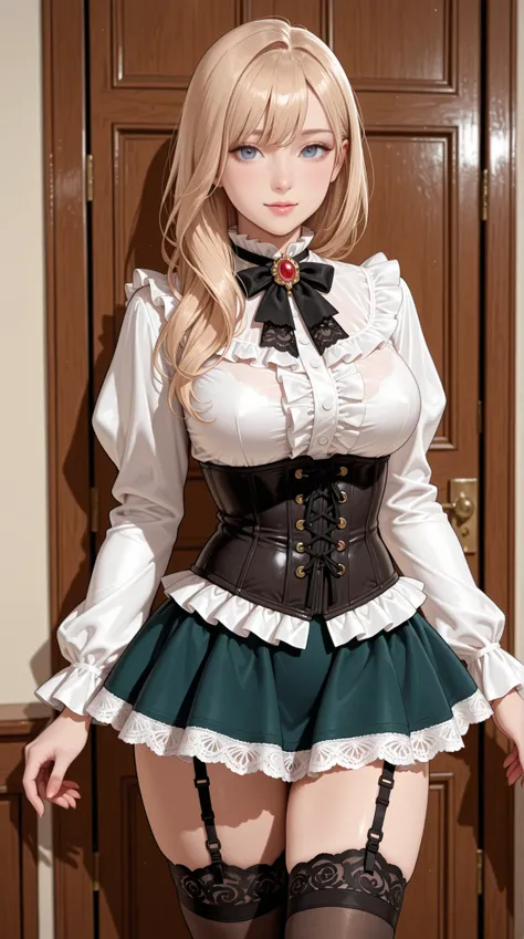 womanhood, Frill Blouse, lace tie with brooch, tight miniskirt, corset, garter stockings, 
