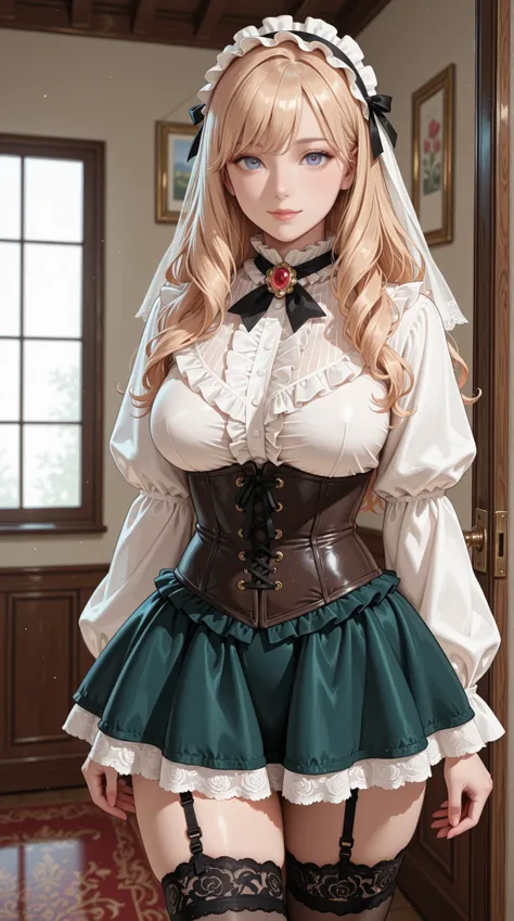 womanhood, Frill Blouse, lace tie with brooch, tight miniskirt, corset, garter stockings, 