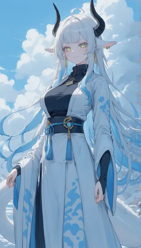 Dragon Girl,white hair,Light Blue Hair,Two tone hair,long hair,With Dragon Horns,slim,Big Breasts,open shoulder,long fabric white kimono,Blue patterned kimono,light blue background,,Long ears ,Dragon tail,yellow eyes and blue eyes,White Mesh Coat,Long Tass...