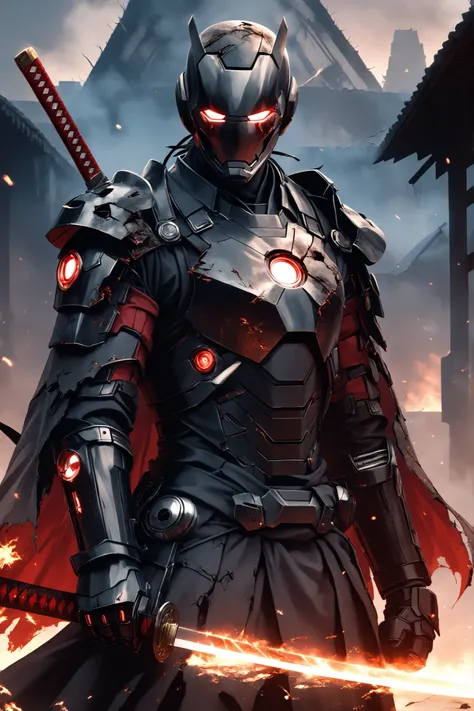 ((EXTREME QUALITY)), ((RAW Ultra 4K)), ((Masterpiece)), ((Ultra Cinematic)), ((Moody Lighting)), ((Dark Ronin Aesthetic)), ((Post-Battle Damage)), ((Close-Up Shot)), ((Single Katana Hilt))

A haunting, close-up cinematic portrait of Ronin Iron Man walking ...