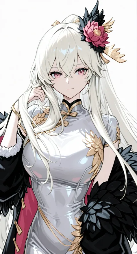 nime girl long platinum blonde and a flower in her hair, platinum blonde deity, Anime Goddess, platinum blonde, platinum blondelady, gray hair, Zodiac knight portrait girl, Haise Jinyao, Genshin、Keking, Full Body Senxia , Female Anime Characters Who Col...