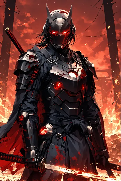 ((EXTREME QUALITY)), ((RAW Ultra 4K)), ((Masterpiece)), ((Ultra Cinematic)), ((Dark Ronin Aesthetic)), ((Frontal View)), ((Blood-Stained)), ((Broken Armor)), ((Cinematic Lighting)), ((Ashes and Smoke)), ((Red Glow Background)), ((Wounded Warrior)), ((Face ...