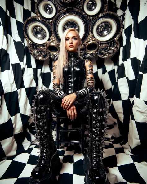 In an environment such as a checkerboard A surreal work that represents a Nordic woman fashion model. The beautiful punk metal woman wears black leather clothing and spikes with huge platform boots that combine intricate details with abstract and geometri...