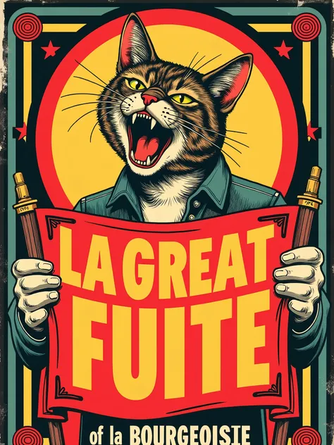 Proletarian queer with an angry pussycat's head holding a lgbt like banner with the mention "LA GREAT FUITE of la BOURGEOISIE" written on this banner. In a cool, colorfull, original and funny revolutionary vintage soviet propaganda and anarchist poster