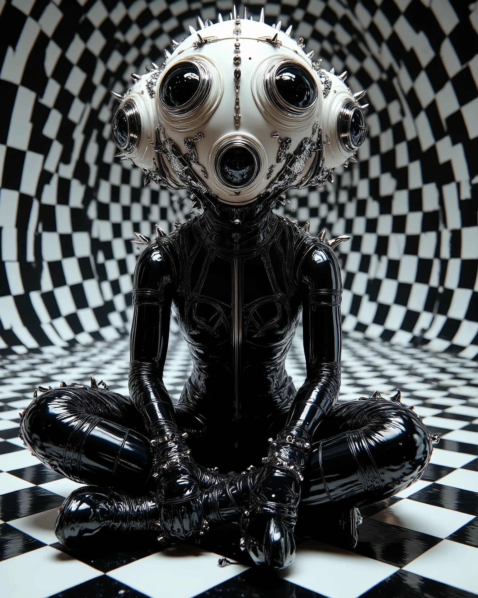 In an environment such as a checkerboard A surreal work that represents a Nordic woman fashion model. The beautiful punk metal woman wears black leather clothing and spikes with huge platform boots that combine intricate details with abstract and geometri...
