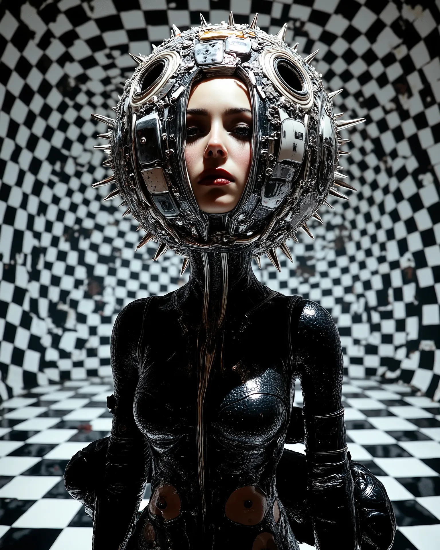 In an environment such as a checkerboard A surreal work that represents a Nordic woman fashion model. The beautiful punk metal woman wears black leather clothing and spikes with huge platform boots that combine intricate details with abstract and geometri...