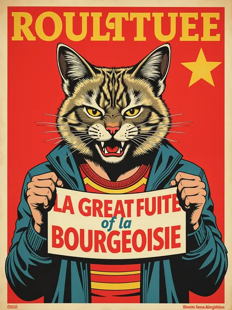Proletarian queer with an angry pussycat's head holding a lgbt like banner with the mention "LA GREAT FUITE of la BOURGEOISIE" written on this banner. In a cool, colorfull, original and funny revolutionary vintage soviet propaganda and anarchist poster