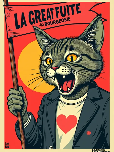 Proletarian queer with an angry pussycat's head holding a lgbt like banner with the mention "LA GREAT FUITE of la BOURGEOISIE" written on this banner. In a cool, colorfull, original and funny revolutionary vintage communist anarchist poster