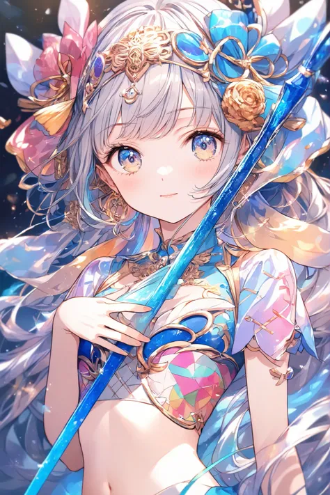 masterpiece,top quality,Super Detailed,8k,watercolor colorful upper body lift One Piece girls 灰色の髪 light ribbon pop, (flat chest:0.8)