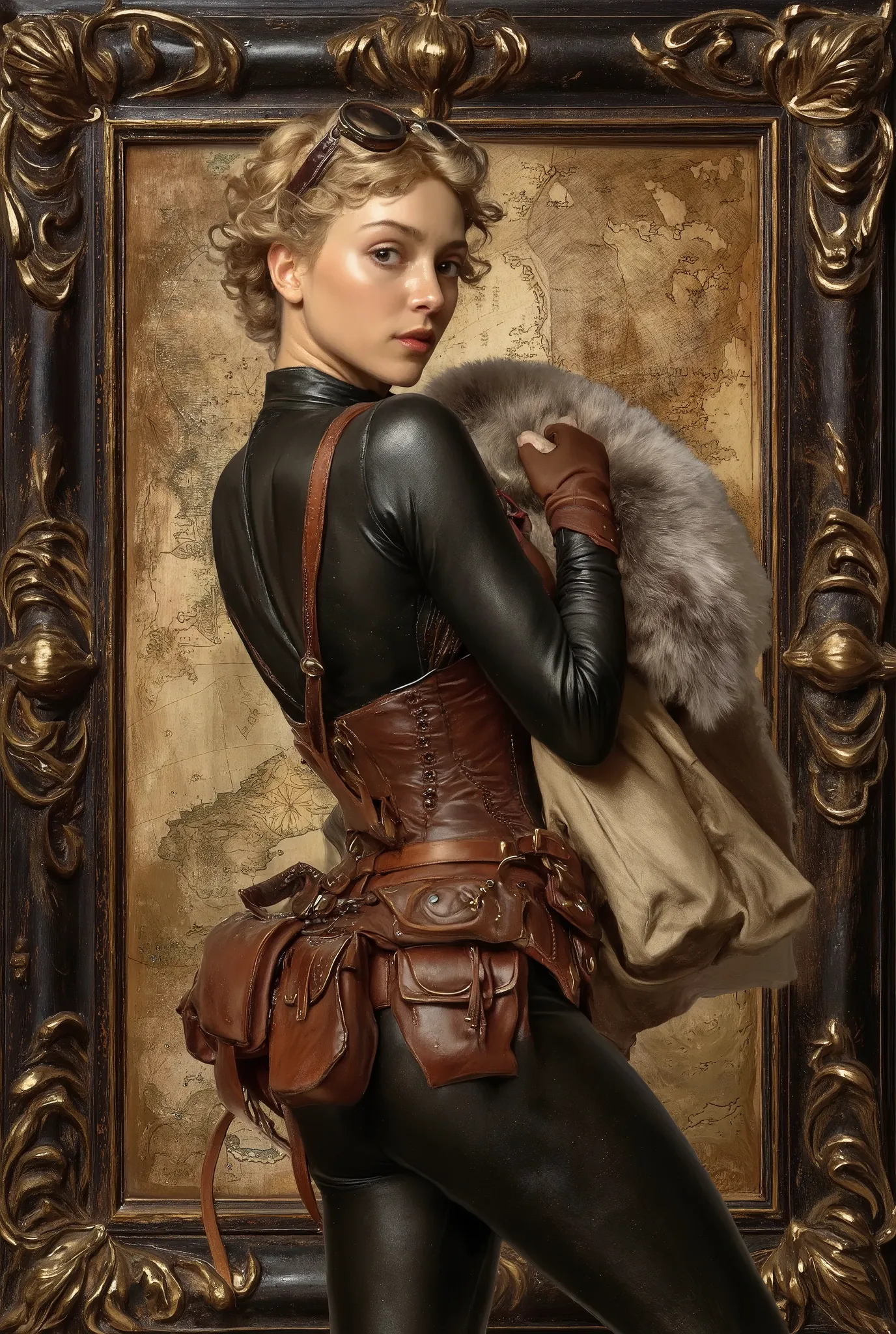 Steampunk cat girl on baroque background Flux