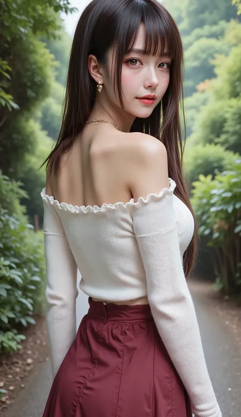 ((full body shot:1.5))、(Petite young Japanese woman touring a mountain tourist spot)、A long, narrow slope in a deep, dim forest、It looks like she is slowly climbing an earthen mountain path、Sweating、((dating))、noon、(shooting the back of a woman at a low an...