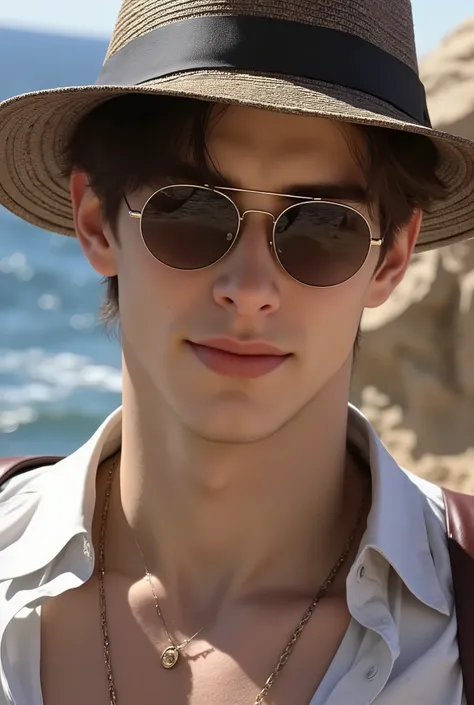 ((RAW Photo), absurd, (absurdresolution)), masterpiece, best quality, (Extremely detailed 8k unity CG wallpaper), (best illustration), (best shadow), Realistic lighting, beautiful detailed glow, a young handsome man vacation outfit. wear hat.smiles. happy ...