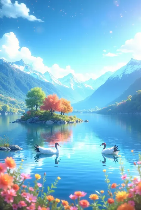 Animated, exquisitely detailed, colors are bright and deep, pastel and dramatic, bright and colorful background. A breathtaking morning. Looking out over a tranquil flower field. Vibrant wildflowers bloom in the foreground, and snow-capped mountains can be seen in the distance. Exquisite detailing of the stars shines with brilliant colors. Autumn lakeside scene: Foreground: Two cranes gracefully swim across the surface of a tranquil lake, the lake reflecting them and their surroundings like a mirror. Island: A small island in the middle of the lake is lined with colorful autumn trees. The leaves are vibrant green, orange, yellow and pink, creating a rich autumn color palette. Background: The lake is surrounded by mountains, some of which are snow-capped. The sky creates a beautiful light blue gradient. Atmosphere: This image captures the charm of an autumn landscape, highlighting the beauty and serenity of nature. The reflective effects and richness of color create a visually striking and captivating scene.
