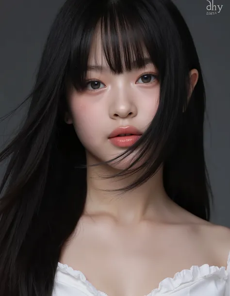 Generate images of young women with long hair, Dark-haired and soft ,  with faint bangs surrounding her face . Glossy Lips 、 are D cups 、valley 