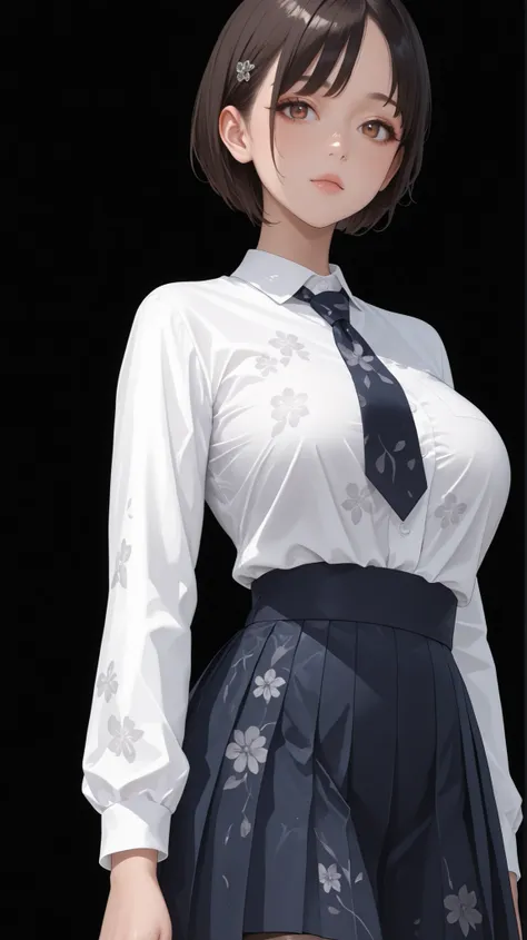 masterpiece, top quality, womanhood、 solo, 1girl, age, Brown Eyes, hanging eye, SHORT BOB, dark hairedのwomanhood, Big breasts, floral white shirt, floral high waisted skirt, School Uniform、No expression、cute、Poses with movement、big Japanese sword、pantyhose...