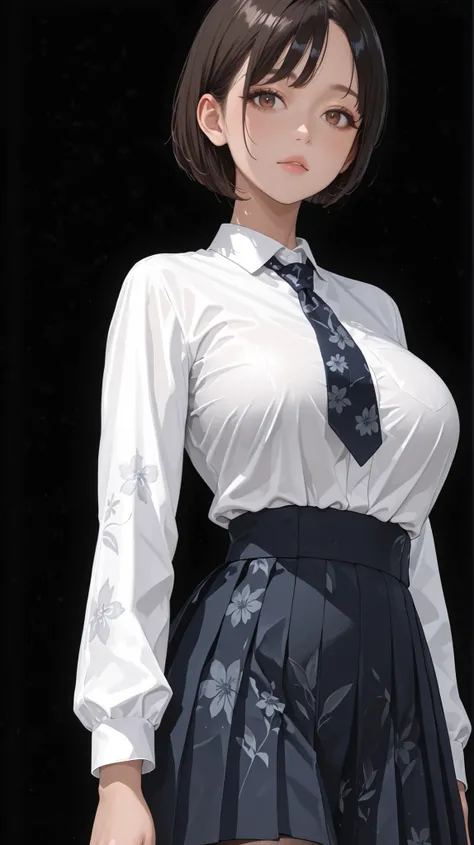 masterpiece, top quality, womanhood、 solo, 1girl, age, Brown Eyes, hanging eye, SHORT BOB, dark hairedのwomanhood, Big breasts, floral white shirt, floral high waisted skirt, School Uniform、No expression、cute、Poses with movement、big Japanese sword、pantyhose...