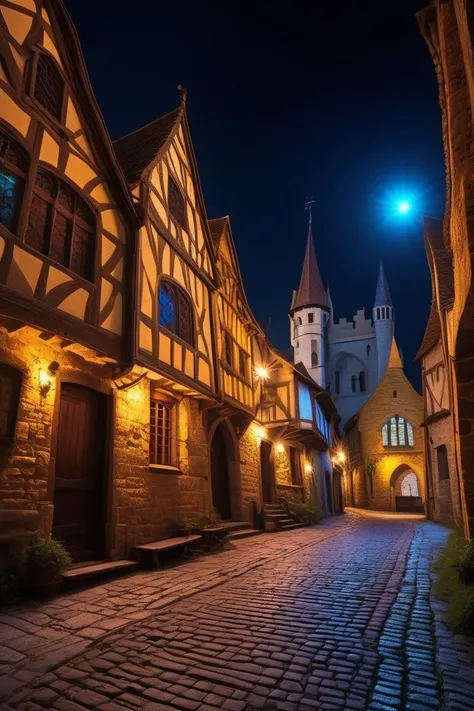 Neon illuminated medieval street at night，Ultra wide angle， Ultra HD, masterpiece ,  height detail ,  high quality ,  Best Quality , HD Symbol 