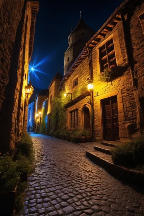 Neon illuminated medieval street at night，Ultra wide angle， Ultra HD, masterpiece ,  height detail ,  high quality ,  Best Quality , HD Symbol 