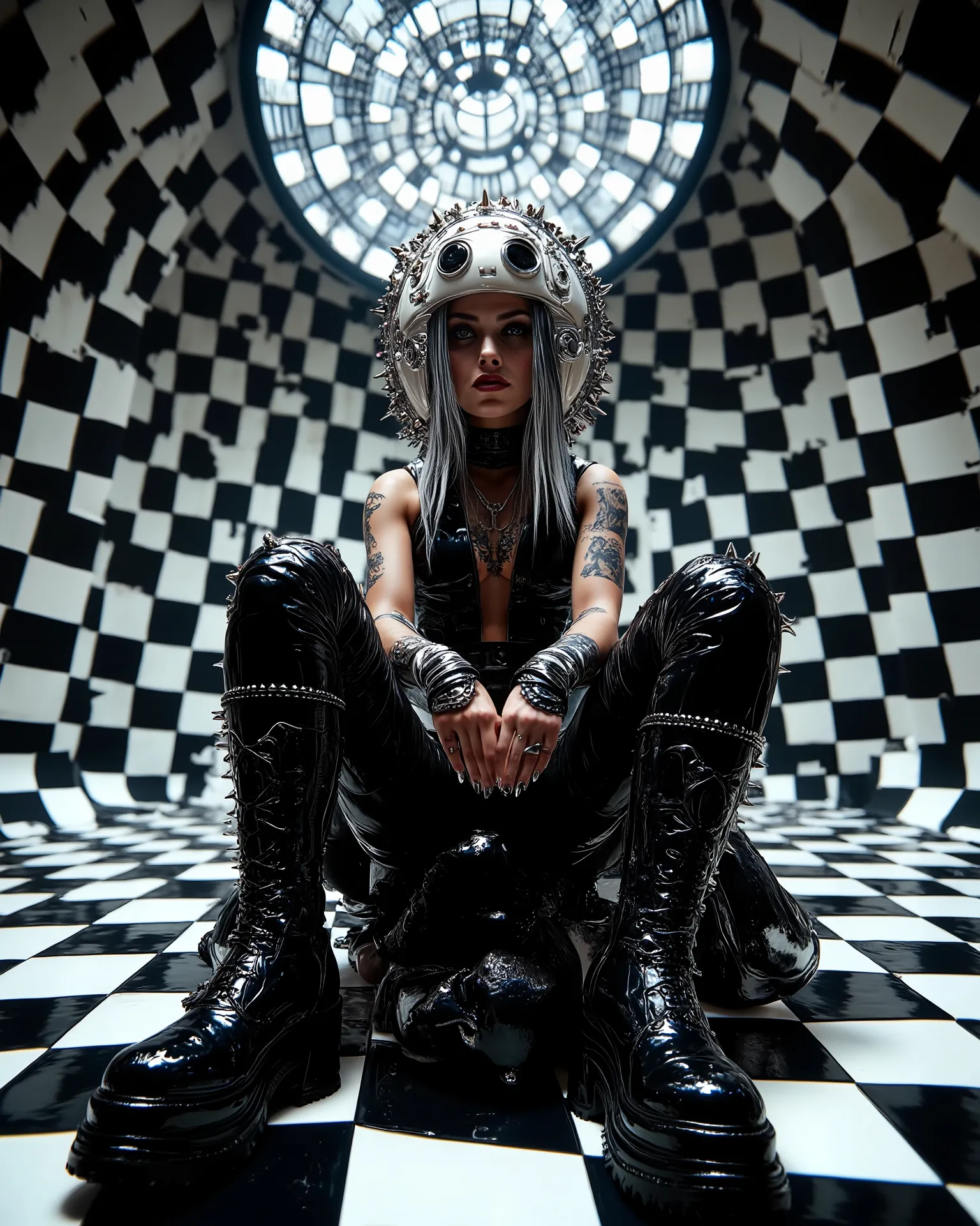 In an environment such as a checkerboard A surreal work that represents a Nordic woman fashion model. The beautiful punk metal woman wears black leather clothing and spikes with huge platform boots that combine intricate details with abstract and geometri...