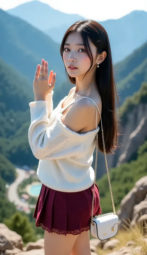 ((full body shot:1.5))、(Petite young Japanese woman touring a mountain tourist spot)、View from the summit、(with a view of a small mountain town:1.35)、A view of the city at the foot of、((dating))、noon、Smiling profile、((white off-shoulder knit sweater with l...
