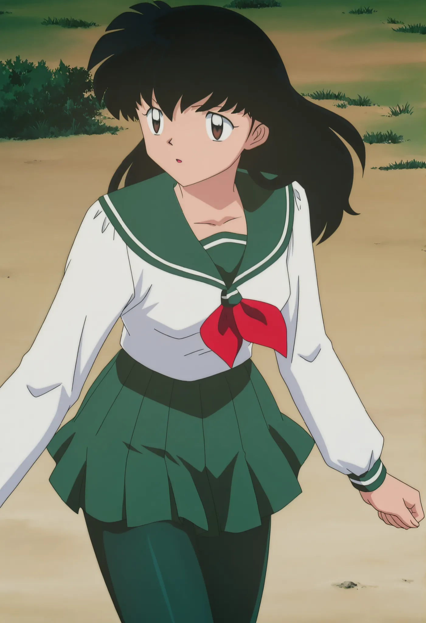 official style,Higurashi kagome (2000s anime analog),retro artstyle,, black hair , brown eyes , uniform , long sleeve , green tights Spandex , green skirt , red neckerchief,solo