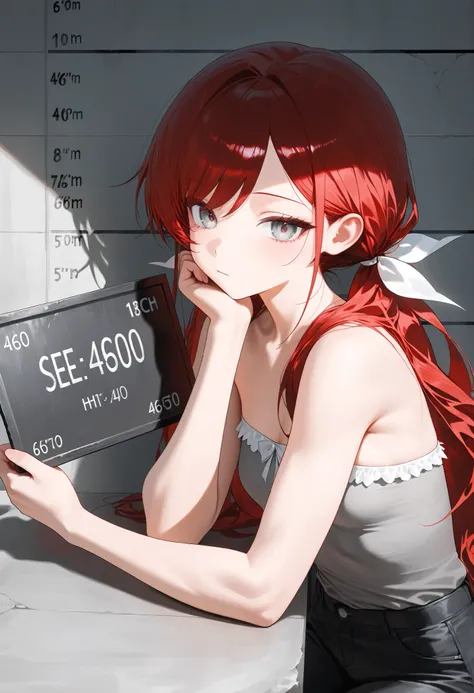 (masterpiece:1.2, Best Quality), (finely detailed beautiful eye: 1.2), (beautiful detailed face), solo, expressionless, upper body, sitting, table, mugshot, holding sign, height chart, upper body, strapless sleeveless shirt, gray shirt, shirt with white tr...