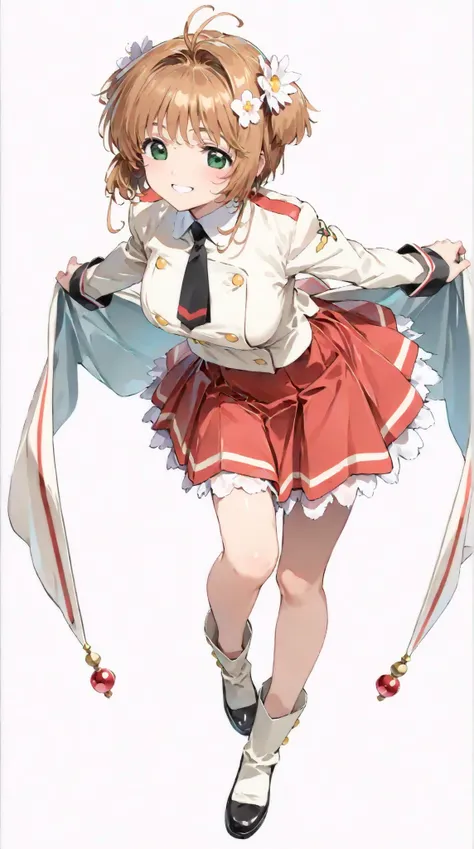 (masterpiece, top quality:1.5), 1girl, solo,  Kinomoto Sakura(Cardcaptor Sakura)、20yo, portrait, red clothes, WHITE JACKET, Smiling, short hair, Full Body, Slightly Super Big Breasts, Flower Hair Accessory, kyun kyun, It's absolutely fine, 