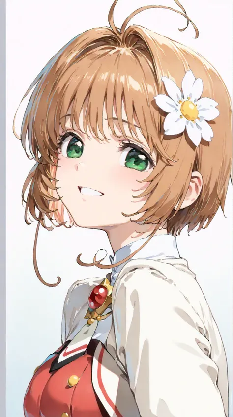 (masterpiece, top quality:1.5), 1girl, solo,  Kinomoto Sakura(Cardcaptor Sakura)、20yo, portrait, red clothes, WHITE JACKET, Smiling, short hair, Full Body, Slightly Super Big Breasts, Flower Hair Accessory, kyun kyun, It's absolutely fine, 