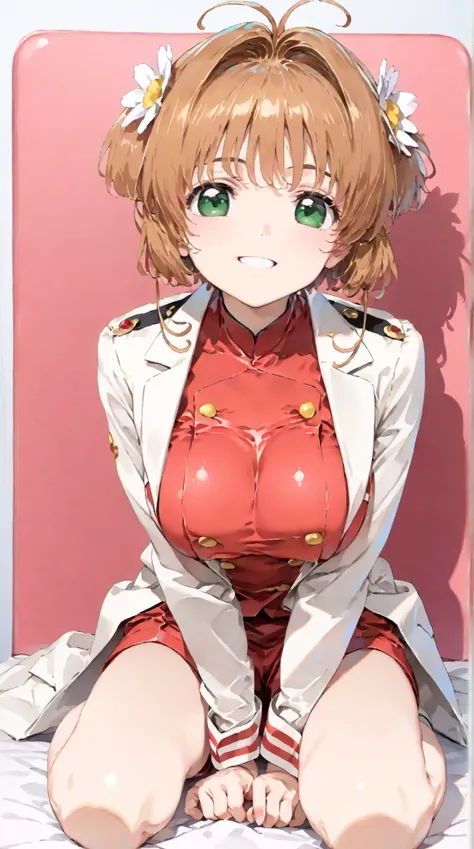 (masterpiece, top quality:1.5), 1girl, solo,  Kinomoto Sakura(Cardcaptor Sakura)、20yo, portrait, red clothes, WHITE JACKET, Smiling, short hair, Full Body, Slightly Super Big Breasts, Flower Hair Accessory, kyun kyun, It's absolutely fine, 