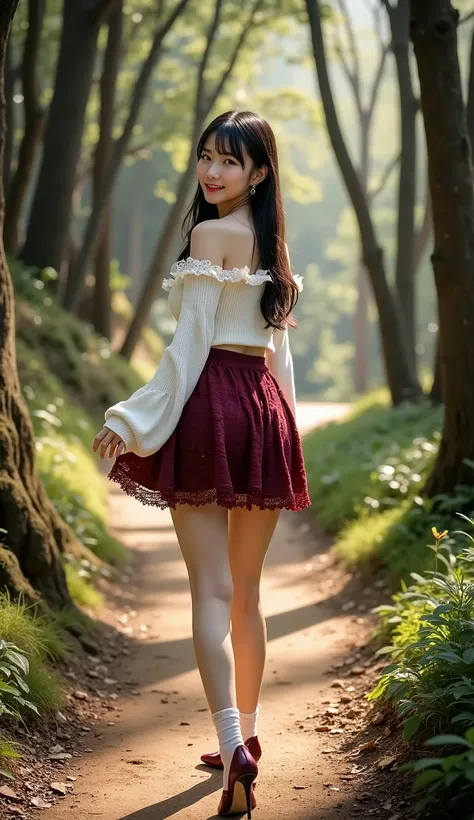 ((full body shot:1.5))、(Petite young Japanese woman touring a mountain tourist spot)、steep ascent of the long, narrow dirt in a deep, dim forest、(Slowly climbing:1.35)、Draw a small woman、taken from a distance、Sweating、((dating))、noon、(woman with few color ...