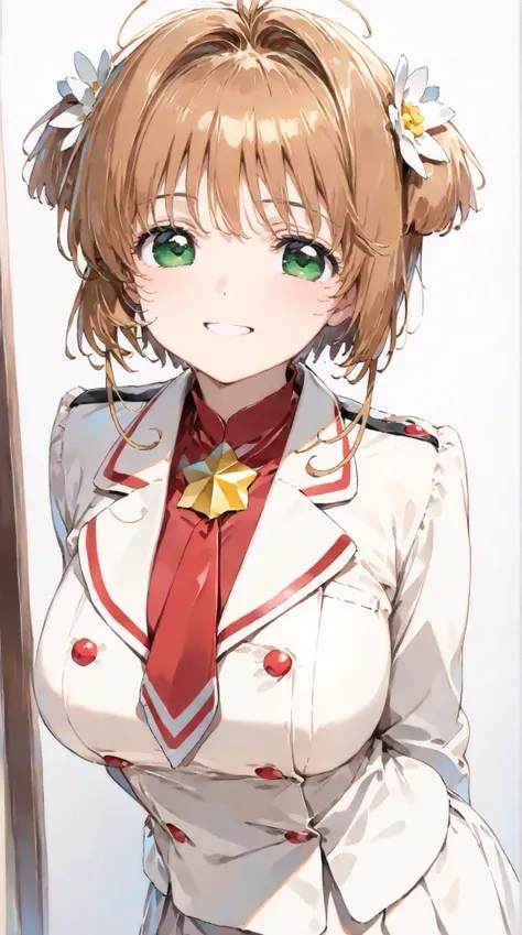 (masterpiece, top quality:1.5), 1girl, solo,  Kinomoto Sakura(Cardcaptor Sakura)、20yo, portrait, red clothes, WHITE JACKET, Smiling, short hair, Full Body, Slightly Super Big Breasts, Flower Hair Accessory, kyun kyun, It's absolutely fine, 