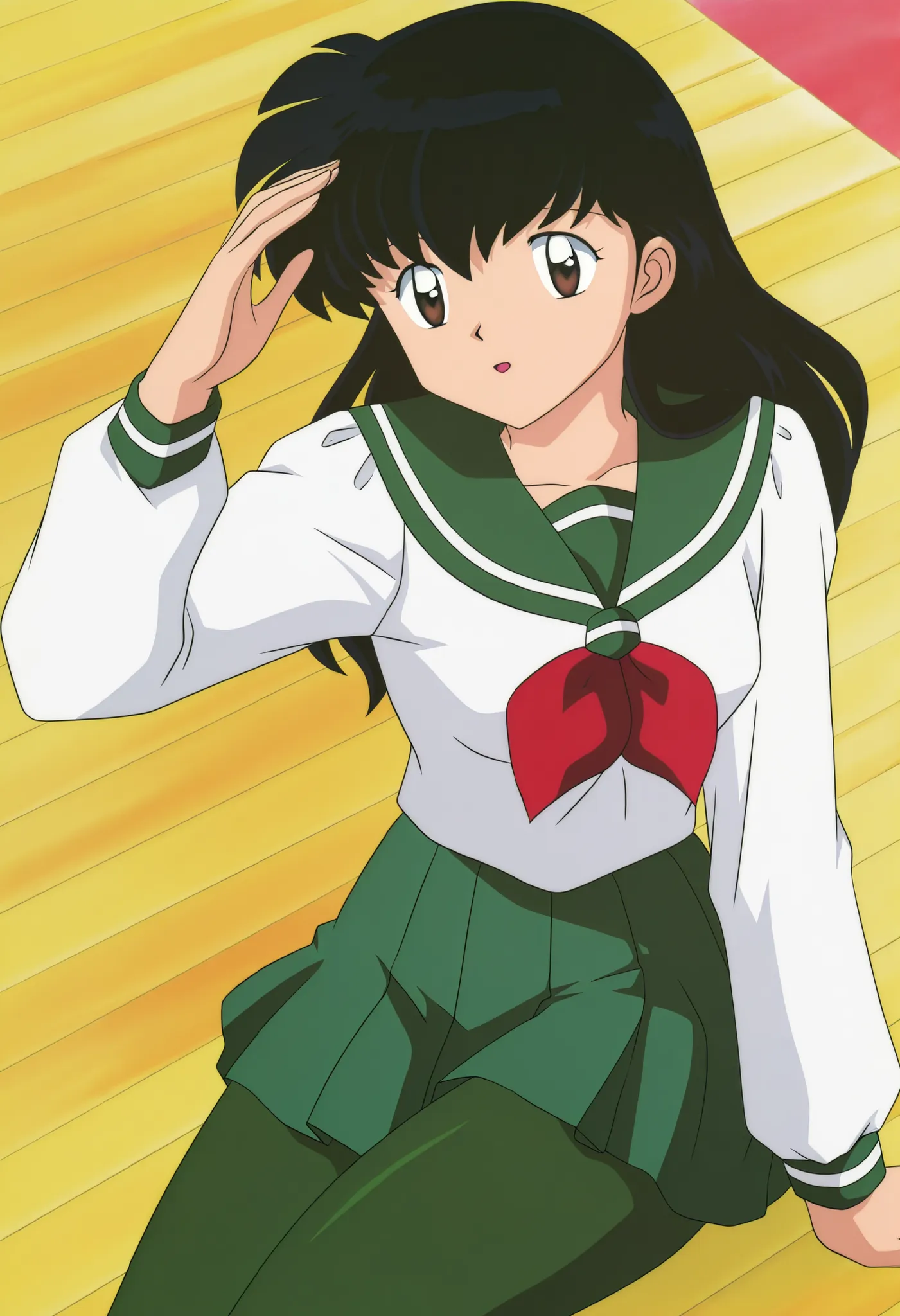 official style,Higurashi kagome (2000s anime analog),retro artstyle,, black hair , brown eyes , uniform , long sleeve , green tights Spandex , green skirt , red neckerchief,solo
