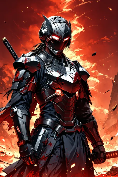 ((EXTREME QUALITY)), ((RAW Ultra 4K)), ((Masterpiece)), ((Ultra Cinematic)), ((Dark Ronin Aesthetic)), ((Frontal View)), ((Blood-Stained)), ((Broken Armor)), ((Cinematic Lighting)), ((Ashes and Smoke)), ((Red Glow Background)), ((Wounded Warrior)), ((Face ...
