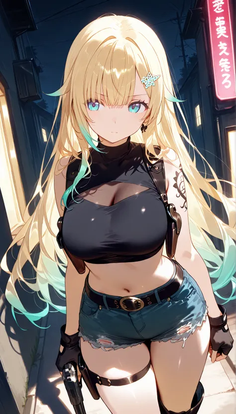 masterpiece, score_9, score_8_up, score_7_up, anime, pinup, Supreme Masterpiece, perfect eyes, perfect face, Best Quality, high resolution, aizawa ema, 1girl, virtual youtuber, blonde hair, aqua hair, gradient hair, long hair, very long hair, blunt bangs, ...