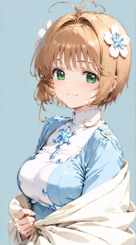 (masterpiece, top quality:1.5), 1girl, solo,  Kinomoto Sakura(Cardcaptor Sakura)、20yo, portrait, white clothes, Blue Jacket, Smiling, short hair, Full Body, Slightly Super Big Breasts, Flower Hair Accessory, kyun kyun, It's absolutely fine, 
