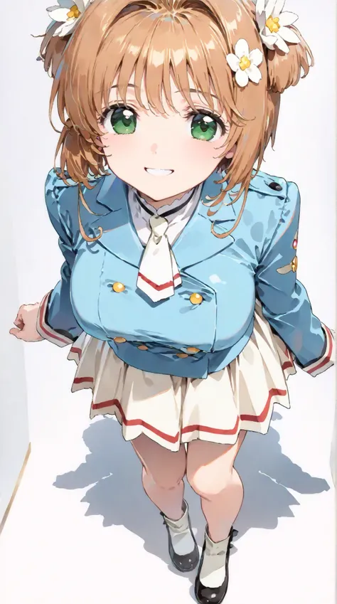 (masterpiece, top quality:1.5), 1girl, solo,  Kinomoto Sakura(Cardcaptor Sakura)、20yo, portrait, white clothes, Blue Jacket, Smiling, short hair, Full Body, Slightly Super Big Breasts, Flower Hair Accessory, kyun kyun, It's absolutely fine, 