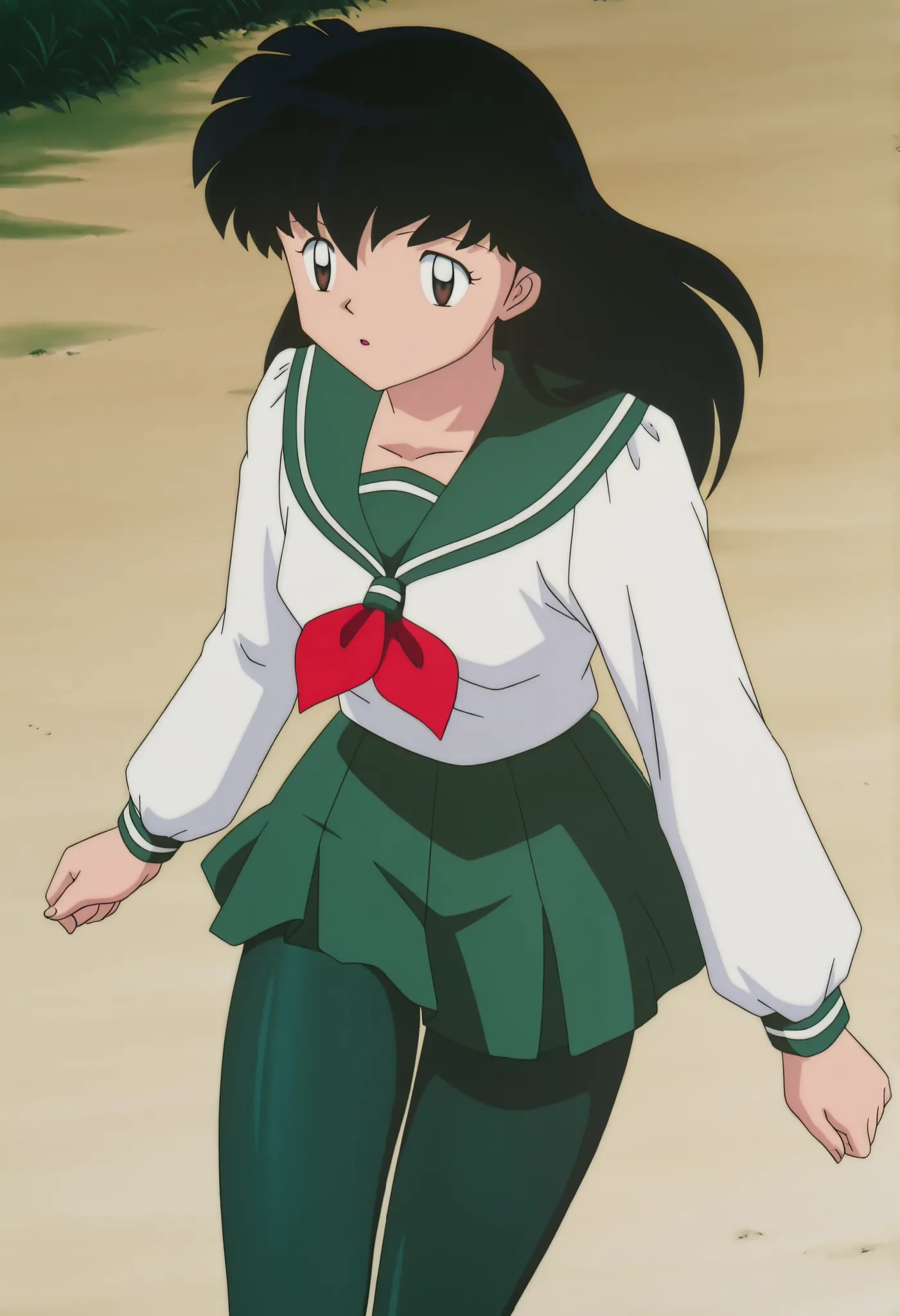 official style,Higurashi kagome (2000s anime analog),retro artstyle,, black hair , brown eyes , uniform , long sleeve , green tights Spandex , green skirt , red neckerchief,solo, soft thighs 