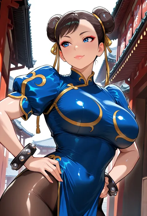 1girl, solo,  Chunli, SF6, very detailedな肌, Shiny Skin, detailed faces with ofisu, Sexy, upper body, Beautiful Eyes, beautiful face, (Comic Eye), lip gloss, curled eyelashes, Sweep Bang, Big breasts, blue china dress, Prickly Bangles, black pantyhose, Chin...