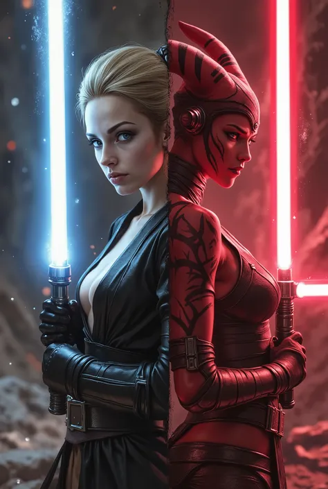 Score_9, score_8_up, score_7_up, ((highest quality)), ((masterpiece)), Perfect Face, (High definition), (Best Shadow), 8k, cinematic.
Luis Royo's style, sexy art.
Two characters in revealing sexy clothes.
(1) A blonde woman, blue eyes, dressed as a sexy J...