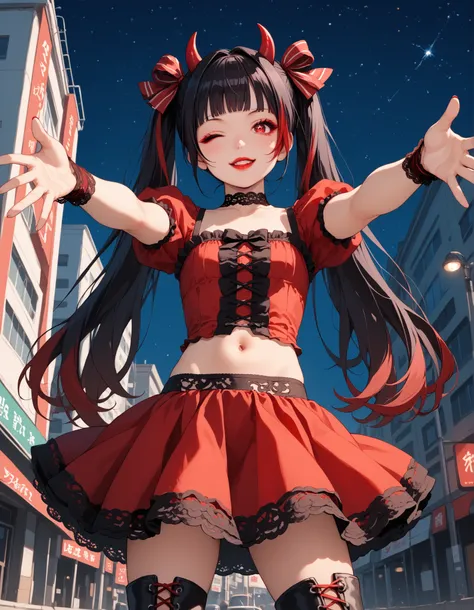 Score_9, score_8_up, score_7_up, score_6_up, source_anime, rating:general, 1girl, long black hair with vivid red streaks, red highlights throughout hair, extremely long twintails, messy twintails, blunt bangs, red eyes, Sanpaku eyes, pale skin, round face,...